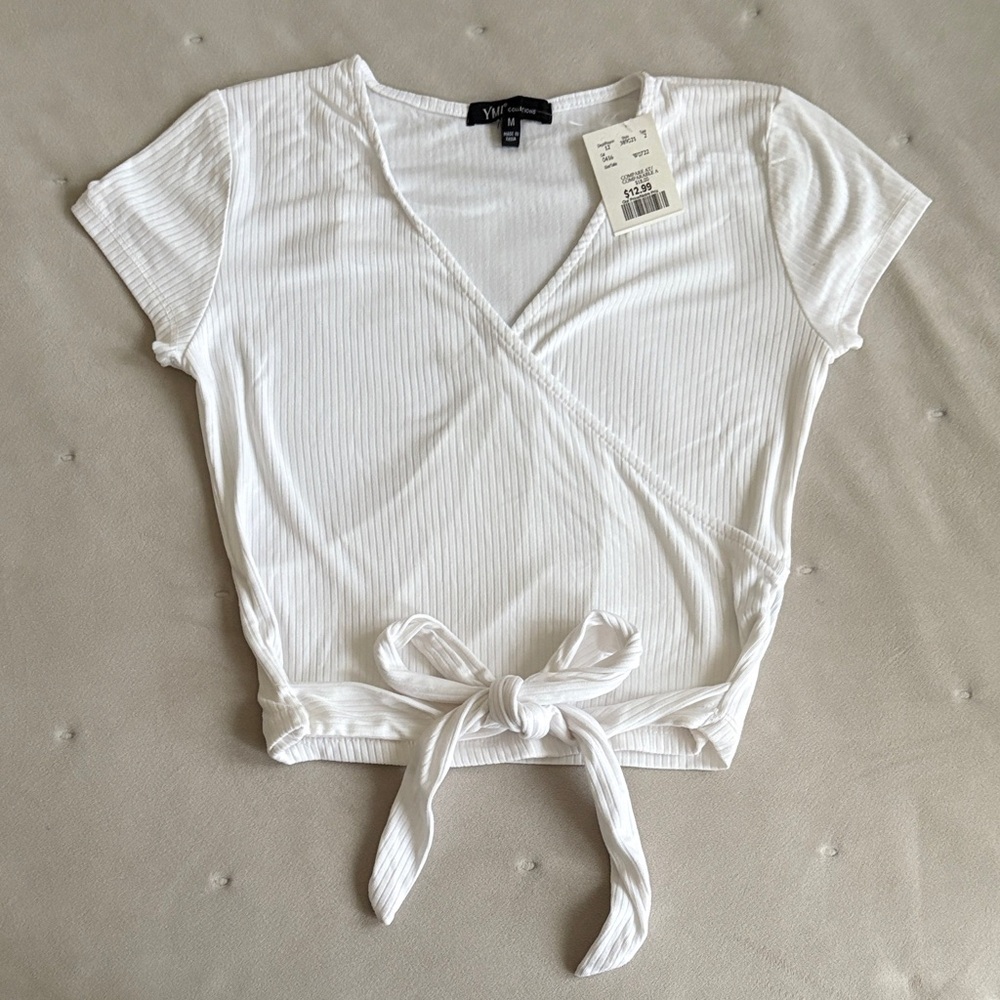 YMI White Tie-Front Crop Top